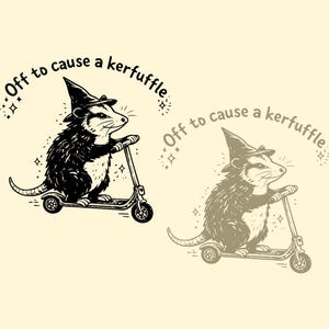 Puede incluir: Ilustración en blanco y negro de una zarigüeya con un sombrero de bruja montada en un patinete. El texto sobre la zarigüeya dice "Off to cause a kerfuffle". A la derecha hay una versión sepia de la imagen.