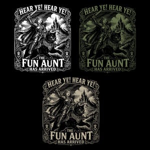 Puede incluir: Tres ilustraciones gráficas que muestran a un caballero con armadura montando un gran gato negro hacia un castillo. El texto dice HEAR YE! HEAR YE! THE FUN AUNT HAS ARRIVED. Los diseños se presentan en blanco y negro, verde oliva y beige.