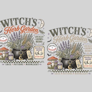 May include: Two identical graphic prints featuring the text Witch's Herb Garden, a black cauldron filled with herbs, mushrooms, a potion bottle, a crescent moon, and bats. The design includes labels reading Freshly Gathered, Locally Grown Herbs, Moonlit Grown, Autumn Picked, and Sage, Potions, Moonlight.