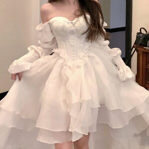 White Tea Dress Romantic Dress Off-shoulder Dress Ruffle Corset Top ...