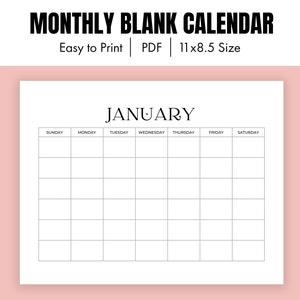 Monthly Blank Calendar Simple Calendar Cute Horizontal - Etsy