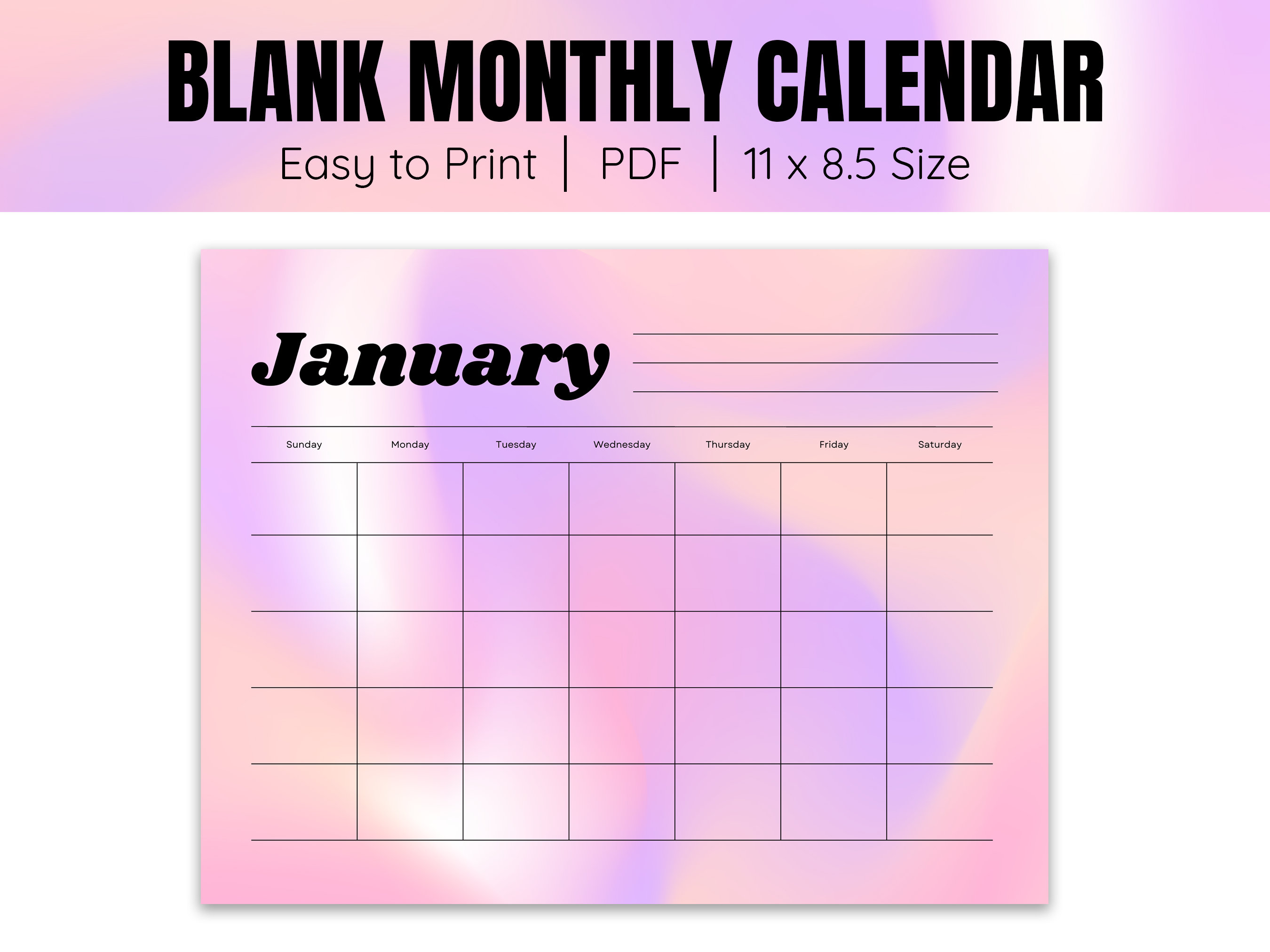 Blank Printable Calendar Cute Calendar Horizontal Blank Etsy