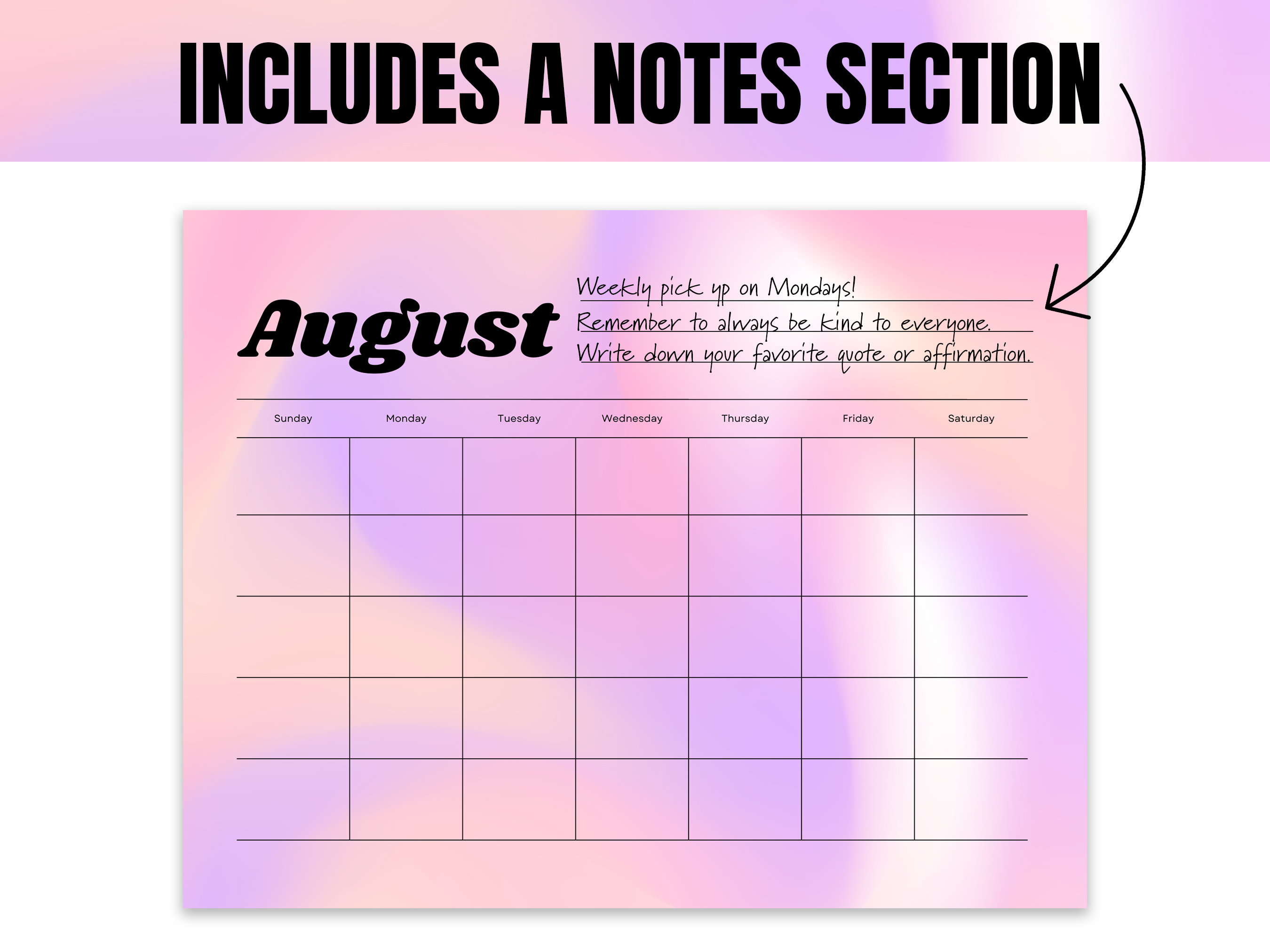 Blank Printable Calendar Cute Calendar Horizontal Blank Etsy