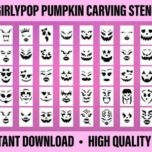 50 plantillas para tallar calabazas con motivos femeninos / Actividad / Caras de Halloween (Descarga digital en PDF)