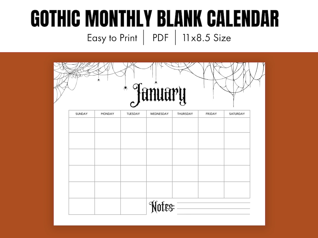 Monthly Blank Calendar Gothic Calendar Spooky Horizontal Etsy
