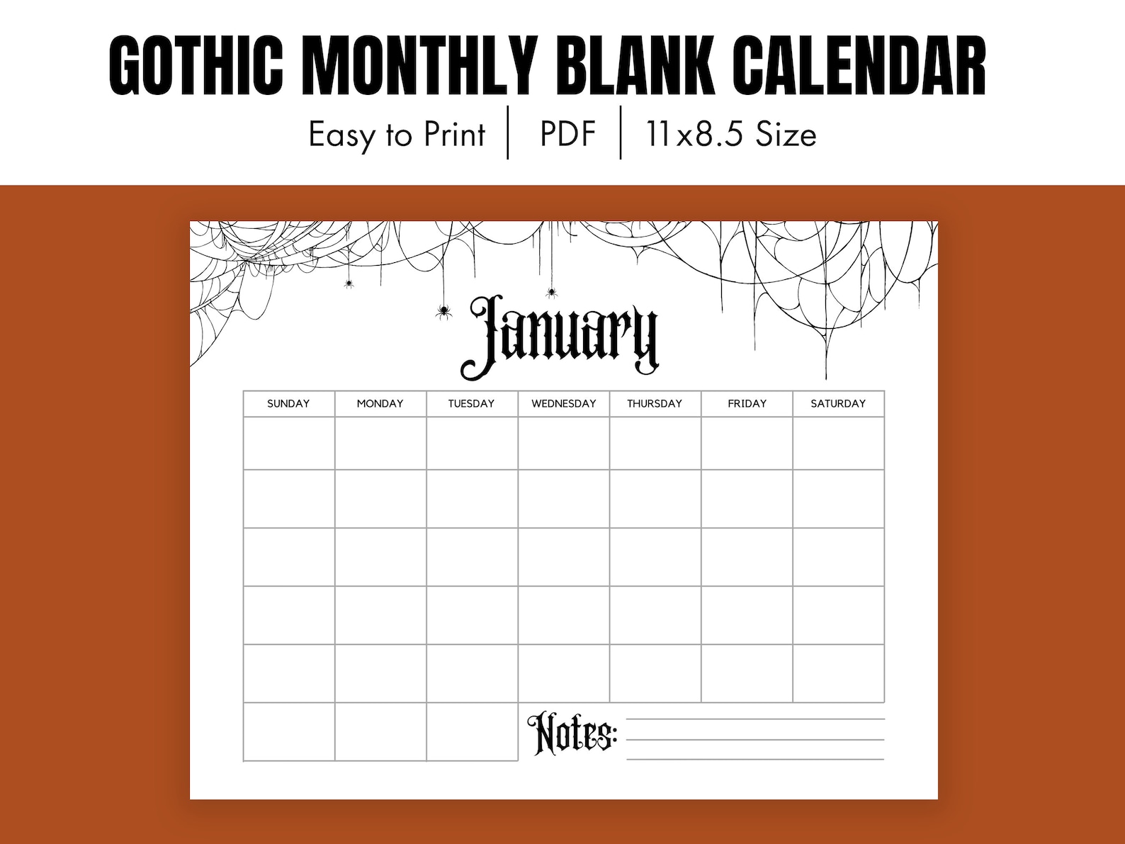Monthly Blank Calendar Gothic Calendar Spooky Horizontal Etsy