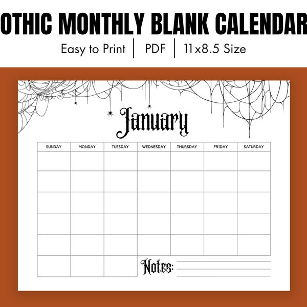 Monthly Blank Calendar | Gothic Calendar | Spooky | Horizontal Halloween Calendar Pages | Instant Download | 11 x 8.5 inches | PDF Printable