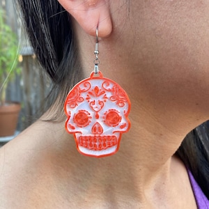 Calavera Earrings - Skull Earrings - Colorful Day of the Dead Earrings - White and Red