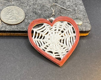 Heart Cobweb Earrings | Red with White Silky | Gothic and Romantic Halloween Jewelry