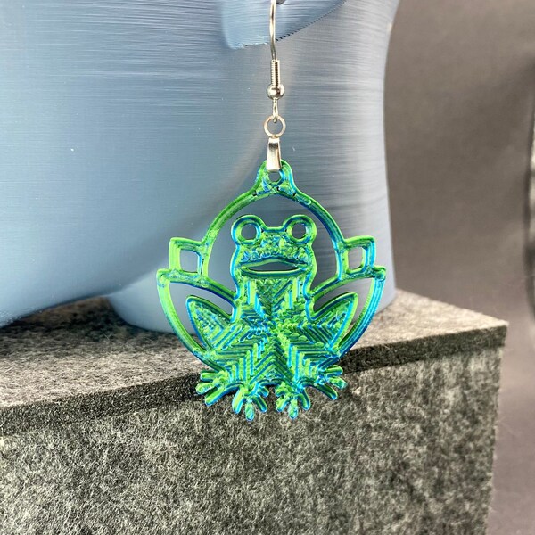 Frog lotus earrings - shiny green blue color shift