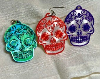 Calavera Mexican Earrings for Halloween - Sugar Skull Earrings - Colorful Day of the Dead Earrings - White and Purple