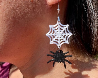 Cobweb with Dangling Spider Earrings for Halloween