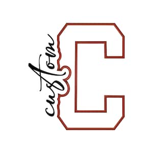 May include: A large block letter C with a white center and a dark red outline. The word custom is written in a black cursive script font, positioned vertically along the left side of the letter C, featuring a dark red outline around the text.