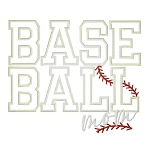 May include: White and beige baseball-themed design with the word "BASEBALL" stacked above "MOM". The word "MOM" is in a cursive font. Red baseball stitching accents the design, perfect for baseball fans.
