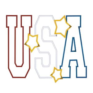 May include: An embroidered design featuring the letters U, S, and A in a collegiate font. The U is outlined in red, the S in white, and the A in blue. Three yellow five-pointed stars are positioned between and around the letters.