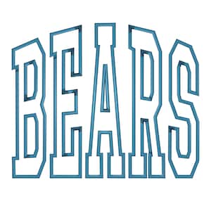 Op de afbeelding: Het woord BEARS wordt weergegeven in een vet, atletisch lettertype in collegestijl. De letters zijn wit met een dikke, blauwe omlijning en een subtiel 3D-afgeschuind effect, wat zorgt voor een strakke en scherpe uitstraling voor borduurwerk.