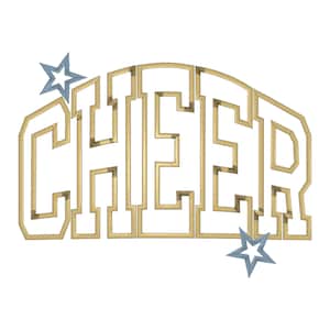 May include: Gold-colored "CHEER" text with a block letter design, arched at the top, and outlined in a darker gold. Two light blue star accents are placed above and below the text. The background is white.
