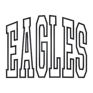May include: The word EAGLES is written in a bold, black, block-style font with a white interior. The letters are arranged in an arched formation, creating a curved appearance. The design features clean, sharp lines and a high-contrast aesthetic.