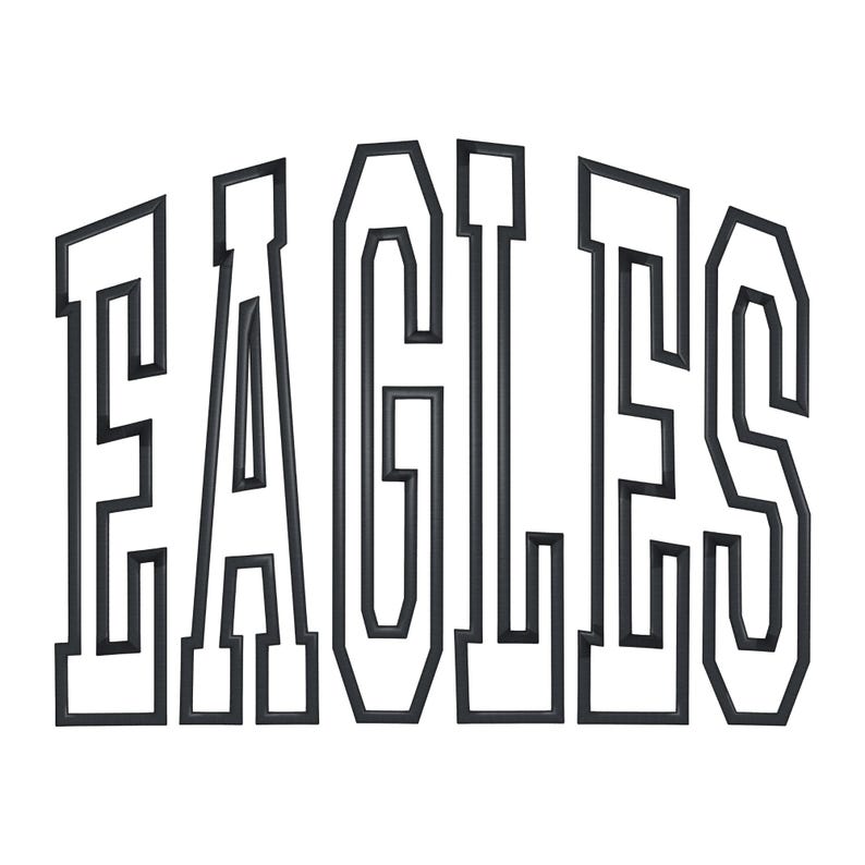 May include: The word EAGLES is written in a bold, black, block-style font with a white interior. The letters are arranged in an arched formation, creating a curved appearance. The design features clean, sharp lines and a high-contrast aesthetic.