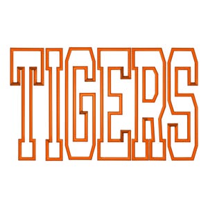 May include: The word TIGERS is displayed in a bold, block-style font. Each letter is outlined in a vibrant orange color with a white interior, creating a clean, high-contrast graphic design that stands out clearly against the plain white background.