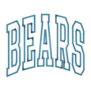 May include: The word BEARS is written in a bold, arched, collegiate-style font. The letters feature a white interior fill with a thick, blue outline and a subtle blue drop shadow effect, creating a three-dimensional appearance on a plain background.