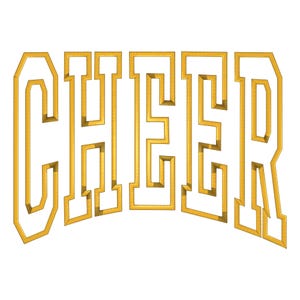 May include: The word CHEER is displayed in a bold, block-style font with a golden yellow outline and a white interior. The letters are arranged in a slight arch, featuring a distinct embroidered texture that gives the design a three-dimensional appearance.