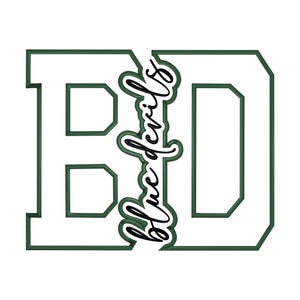 May include: A graphic design featuring the large block letters BD in white with a dark green outline. The words Blue Devils are written in a black cursive script font, positioned vertically between the two letters with a dark green shadow effect.