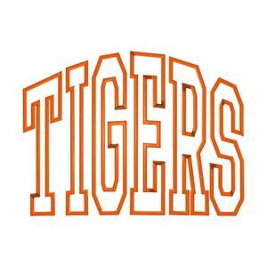 May include: Orange-colored word art spelling out the word "TIGERS" in a bold, block letter font. The letters are outlined with a thick border, creating a 3D effect against a white background.