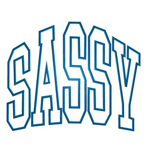 Puede incluir: La palabra "SASSY" en letras azules, en negrita y delineadas, sobre un fondo blanco. Las letras están en una fuente estilizada, universitaria, con una ligera curva. El diseño general es limpio y moderno.