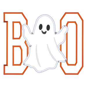 May include: An embroidery design featuring the word BOO in large, white block letters with thick orange outlines. A white ghost with black oval eyes and a small black curved mouth is positioned in the center, overlapping the letters.