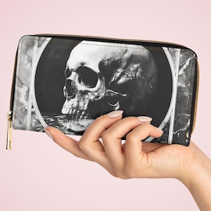 Cartera de piel vegana / Diseño de calavera gótica / Elegante y funcional / Blanco y negro