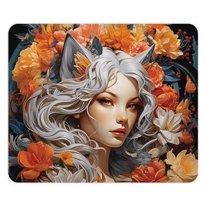 Mouse Pad - Silver Fox - Kitsune Fantasy Art - Work From Home Accessories - Home Office Decor
