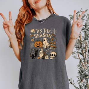 May include: Dark gray t-shirt with a Halloween-themed graphic. The design includes a pumpkin, ghost, haunted house, black cat, tombstone, and skull. The text "Tis The Season" is printed above the illustrations.