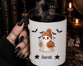 PERSONALIZED cute ghost mug for Halloween, ghost with pumpkin or cat