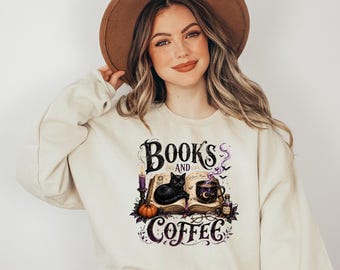 Books and Coffee Vintage Halloween Sweatshirt for Bookworms and Witches - Pullover with Black Cat for the Spooky Season