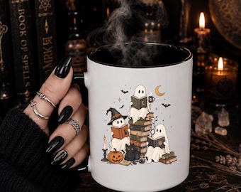 Cute Halloween mug with reading ghosts, Halloween mug for bookworms, ghost with book two-tone mug, autumn mug