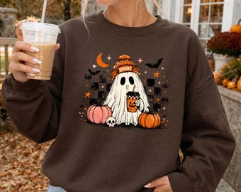 Halloween sweatshirt with a cute ghost, spooky season clothing, unisex autumn outfit pullover, bat crewneck for Halloween lovers