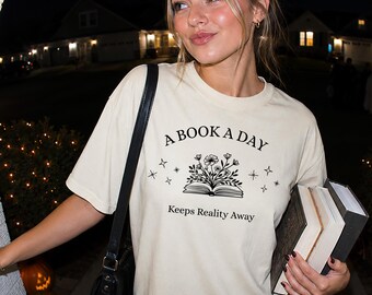 "A Book A Day Keeps Reality Away" T-Shirt, Bookworm Clothing, Book Gift for Your Girlfriend in Comfort Colors, Boho Style