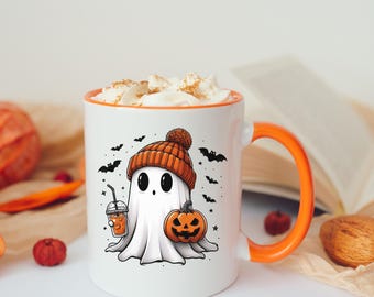 Cute Halloween Ghost Mug Horror Fans Gift Two-tone Pumpkin Latte Mug Cute Ghost with Pumpkin Mug Halloween Lover