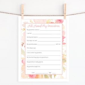 All About My Grandma Printable, Grandparents Day Printable, Mother&#39;s Day gift for Grandma, Grandmother keepsake, Birthday Gift for Grandma
