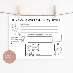 Página para colorear imprimible para el Día del Padre, ideal para rellenar los espacios en blanco, regalo para un papá amante del fútbol, regalo de un niño, carta de recuerdo para papá, PDF