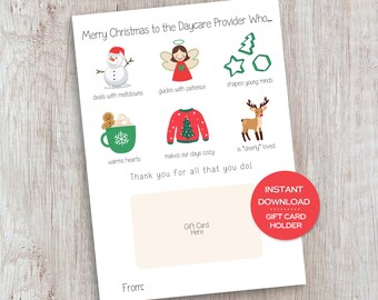 Daycare Provider Christmas Gift Card Holder Printable Christmas Daycare Card Thank You Gift for Daycare Teacher Gift Card Holder for Daycare
