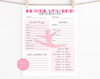 May include: A pink and white printable gift questionnaire for a big sister and little sister. The questionnaire includes sections for favorite things, specifics, and a wish list. The text "BIG SISTER - LITTLE SISTER" is at the top.