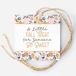 May include: A white gift tag with a fall-themed border of orange, pink, and blue pumpkins and leaves. The text on the tag reads "A little fall treat for someone so sweet."