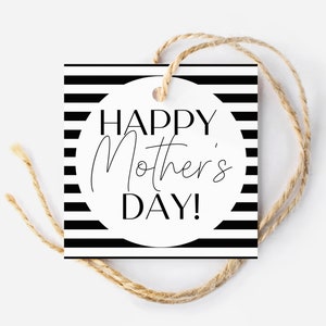 Etiqueta para el Día de la Madre, etiqueta imprimible con rayas blancas y negras para mamás, etiqueta para el Día de la Madre, evento benéfico para mamás.