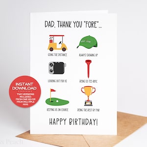 Biglietto di auguri di compleanno per papà con attività di golf, biglietto di auguri stampabile per papà, biglietto di auguri di compleanno per appassionati di golf, biglietto di auguri di compleanno stampabile per papà con attività di golf