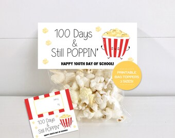 Adorno para bolsa imprimible de los 100 días de clases. Golosina de palomitas de maíz para celebrar el día 100 de clases. Bolsa de golosinas para el aula. 100 días y sigue creciendo.