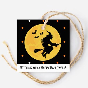 Etichetta strega di Halloween, Strega per un felice Halloween, Etichetta stampabile per bomboniere di Halloween, Etichetta per dolcetti in classe di Halloween spettrale, Etichetta per caramelle