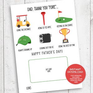 Portatarjetas de regalo para el Día del Padre con temática de golf. Tarjeta imprimible para el Día del Padre. Tarjeta de golf para papá, entusiasta del golf. Día del Padre con temática de golf.