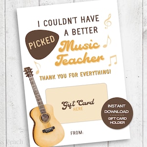 Muziekleraar waardering cadeaukaarthouder, afdrukbaar cadeau gitaarleraar, ik had geen betere muziekleraar kunnen kiezen, bedankt leraar
